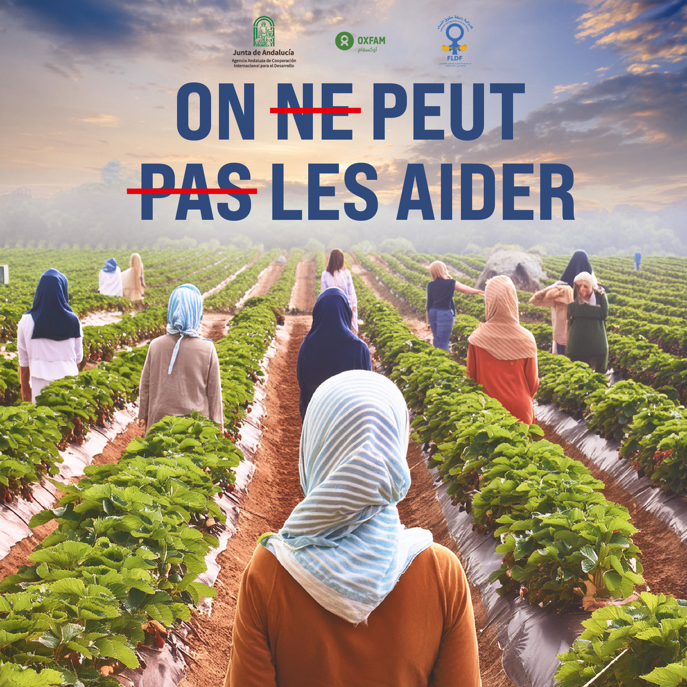 Campaign visual for La Campaña de Huelva 2024 showing women agricultural workers in a field.